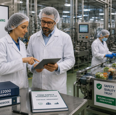 Food safety professionals reviewing FSSC 22000 Version 6 procedures in a food manufacturing facility