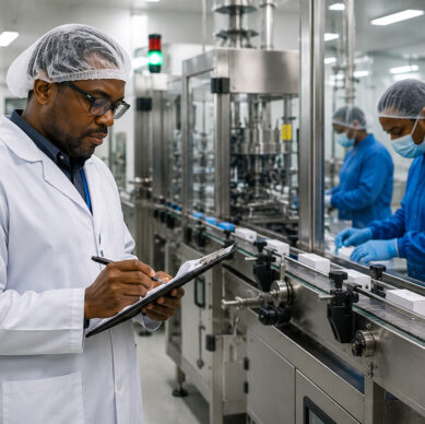 GMP certified auditor inspecting a manufacturing production facility