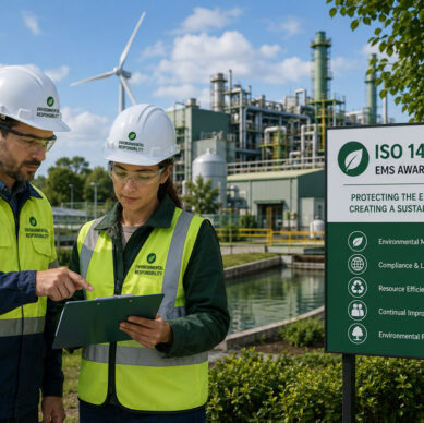 Environmental management professionals reviewing sustainability procedures at an industrial facility