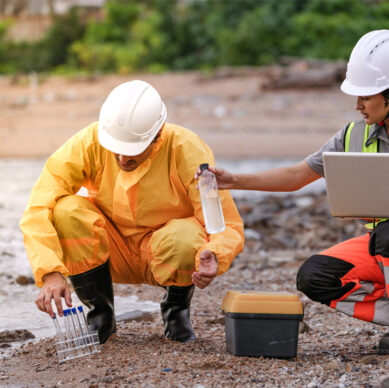 Workplace safety team conducting an occupational health and safety inspection in an industrial facility
