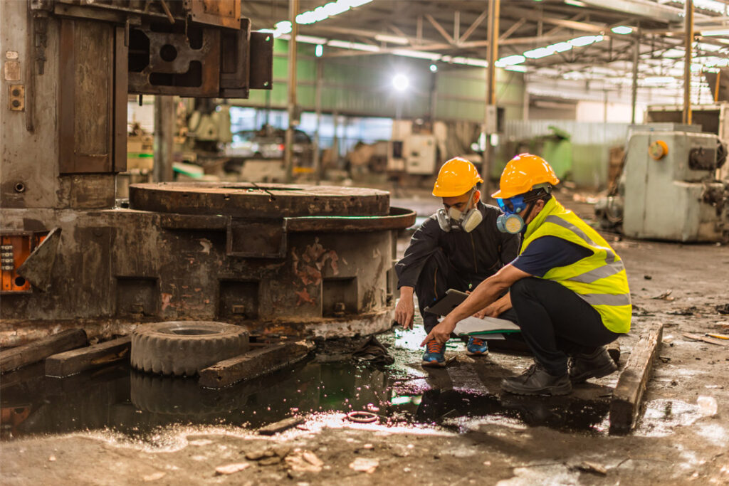 HSE professionals implementing environmental and occupational health and safety procedures in an industrial environment