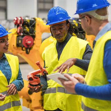 Integrated management system team reviewing operational compliance procedures in an industrial environment
