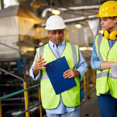 Lead auditor reviewing integrated environmental and occupational health and safety management system compliance at an industrial site