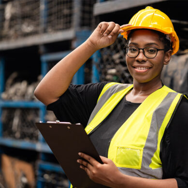 Lead safety auditor reviewing occupational health and safety procedures at an industrial facility