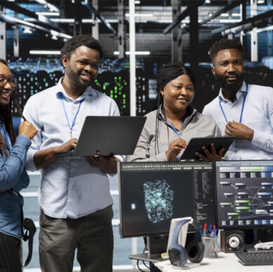 Information security professionals implementing cybersecurity and data protection procedures in a corporate environment