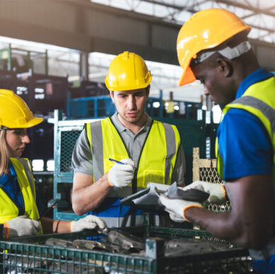 Quality management professionals reviewing implementation procedures in a manufacturing facility